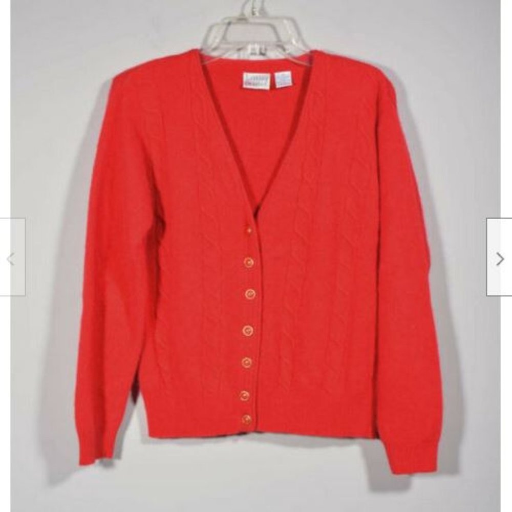 Hasting & Smith Lambs Wool Angora Red Cable Knit Cardigan Sweater Sz M Petites
